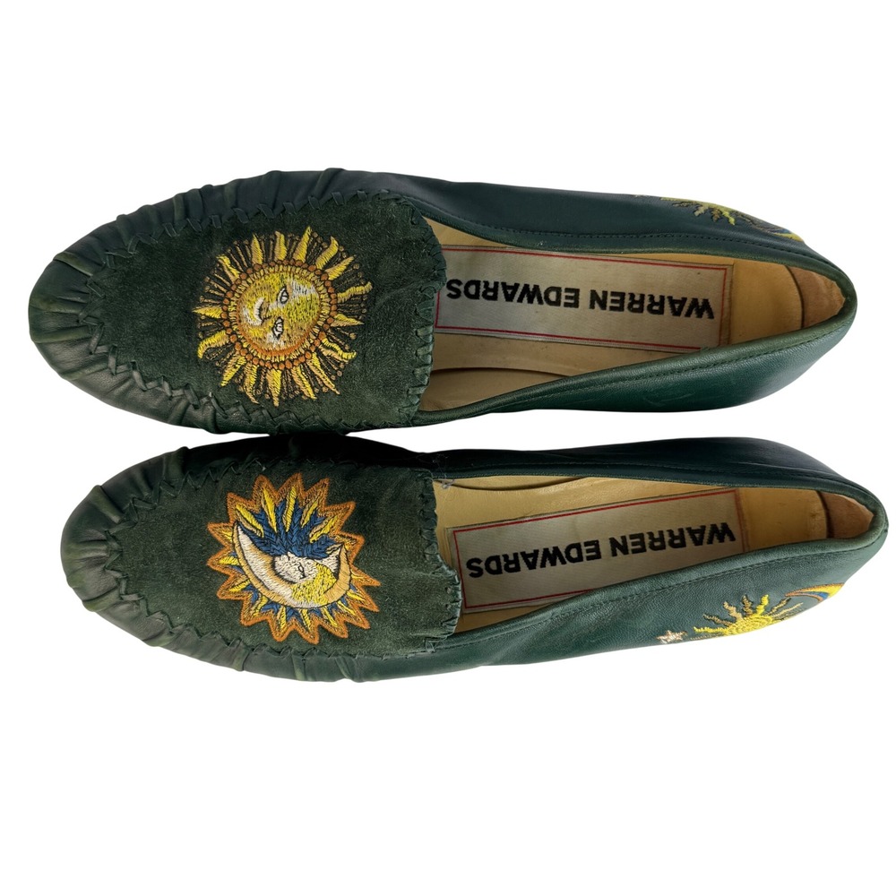 Susan Bennis Warren Edwards Leather Loafers Green Sun Moon Embroidery Italian - Picture 11 of 13